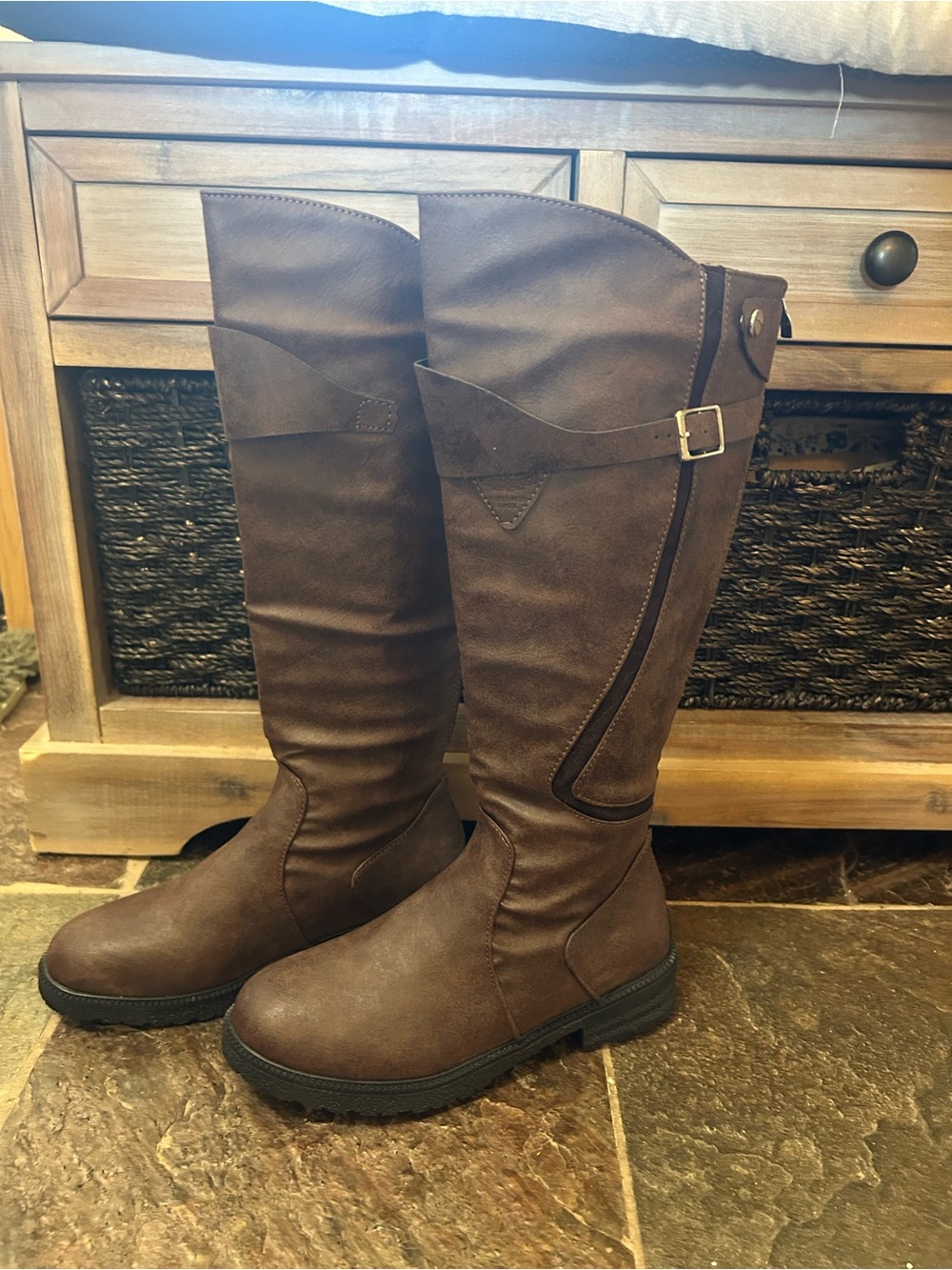 Classic Brown Knee-High Riding Boots with a Distinctive Buckle Strap Size 7 (38)